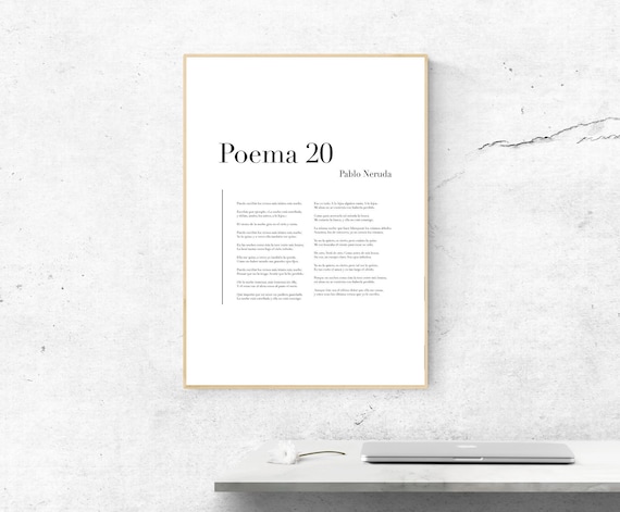 Poema 20 By Pablo Neruda, Spanish Poetry Poster