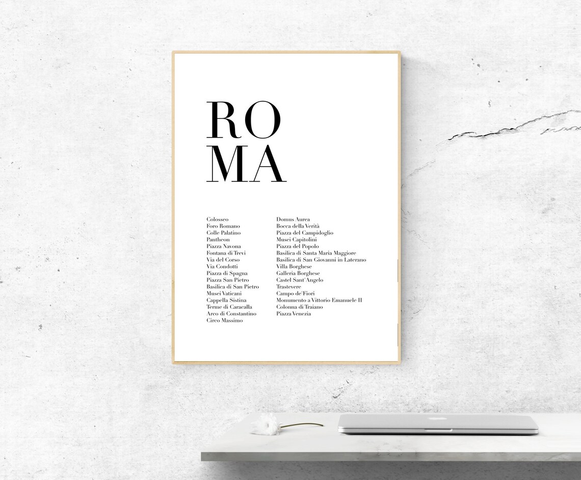 Roma Italy Minimalist Typography Landmarks List Modern Art Poster