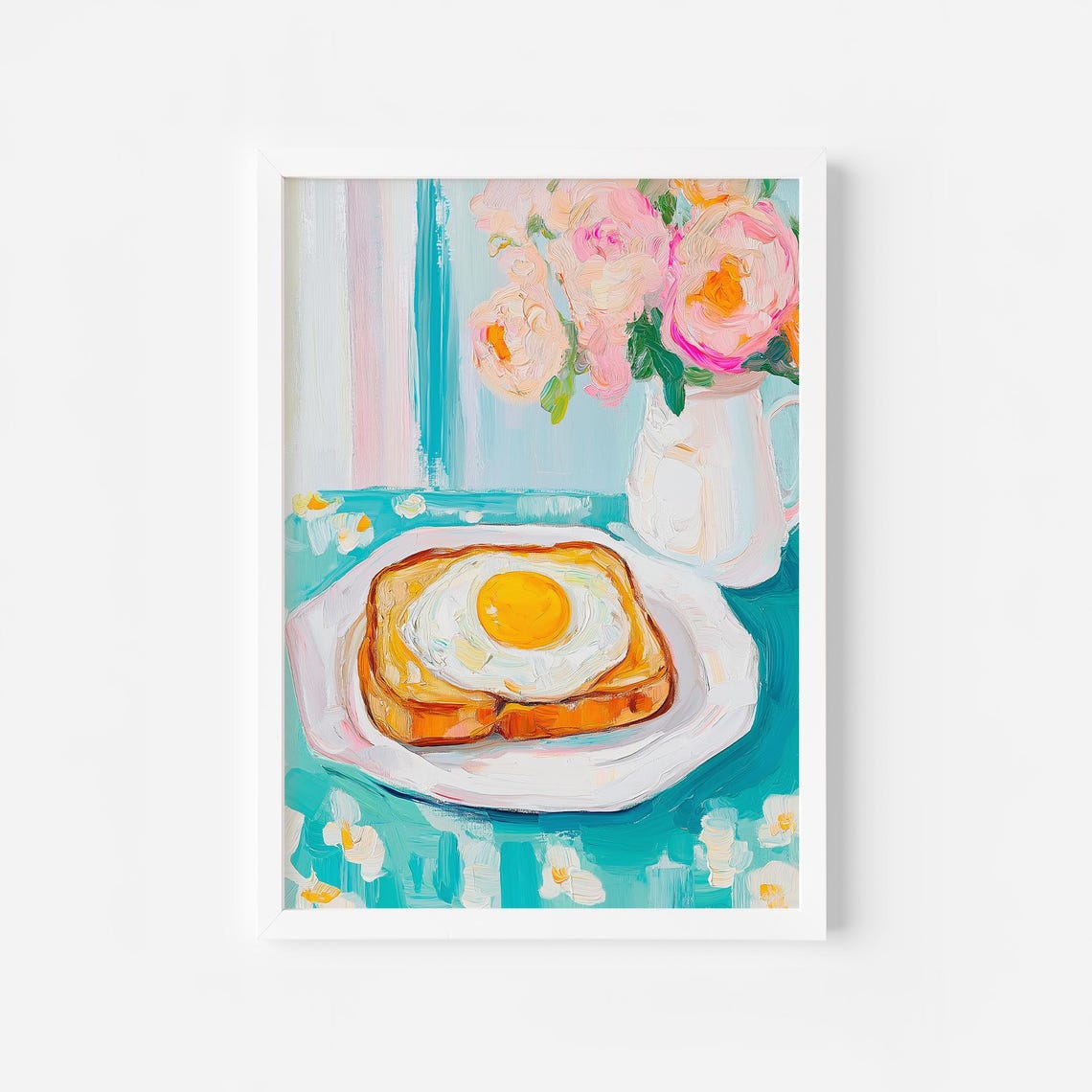 Fried Egg Toast With Peonies Turquoise Breakfast Table Poster