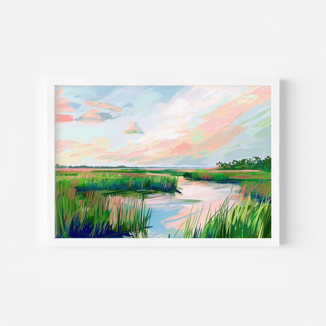 Lush Green Marsh Wetlands With Soft Pink Sky Reflections Poster