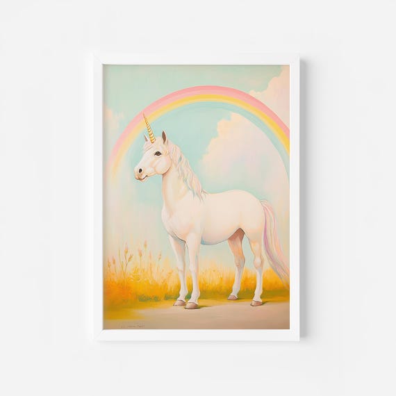 Pastel White Unicorn Rainbow Whimsical Playroom Print Fantasy Nursery Wall Art Whimsical Fantasy Girly Pastel