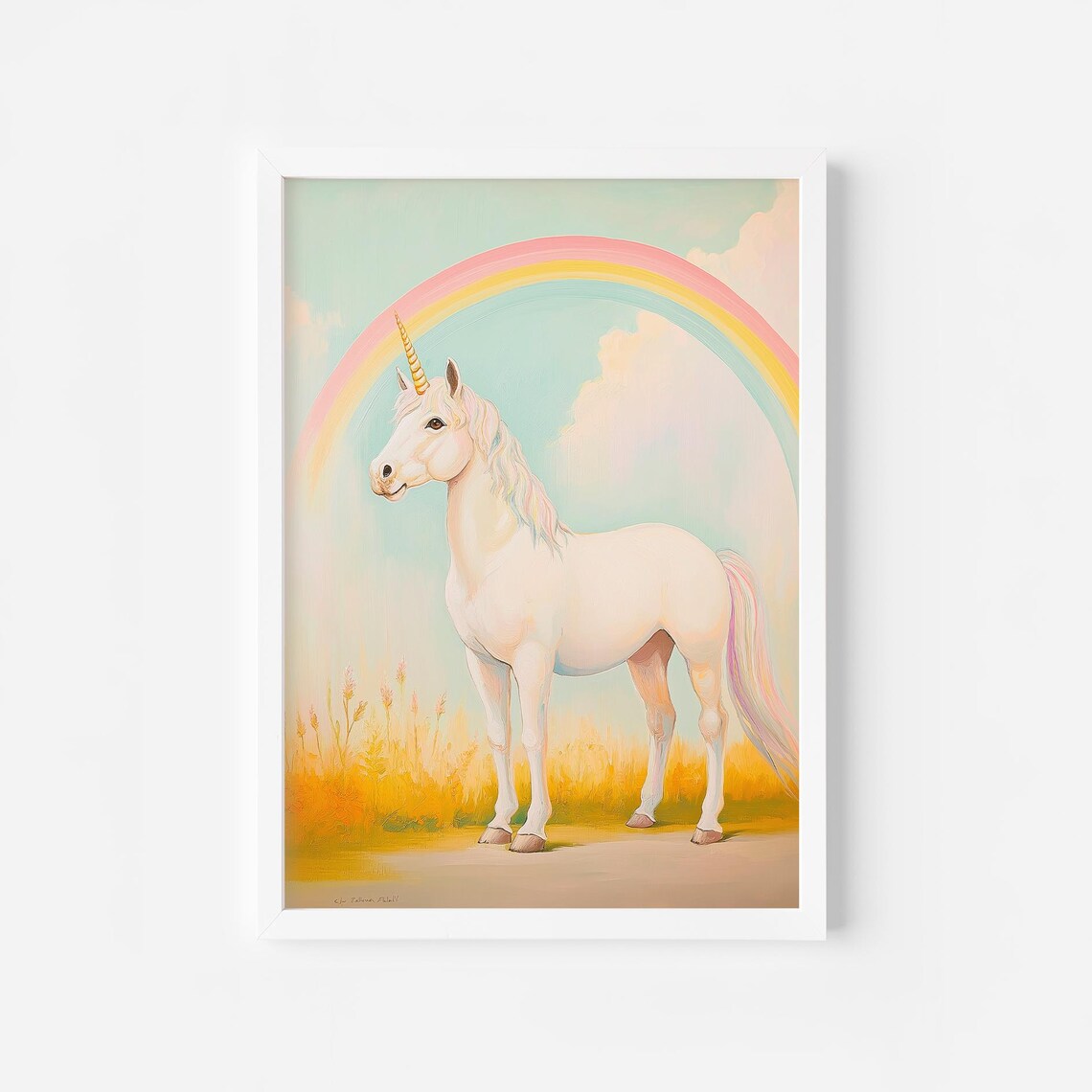 White Unicorn Under a Rainbow in a Golden Field Girls Room Poster
