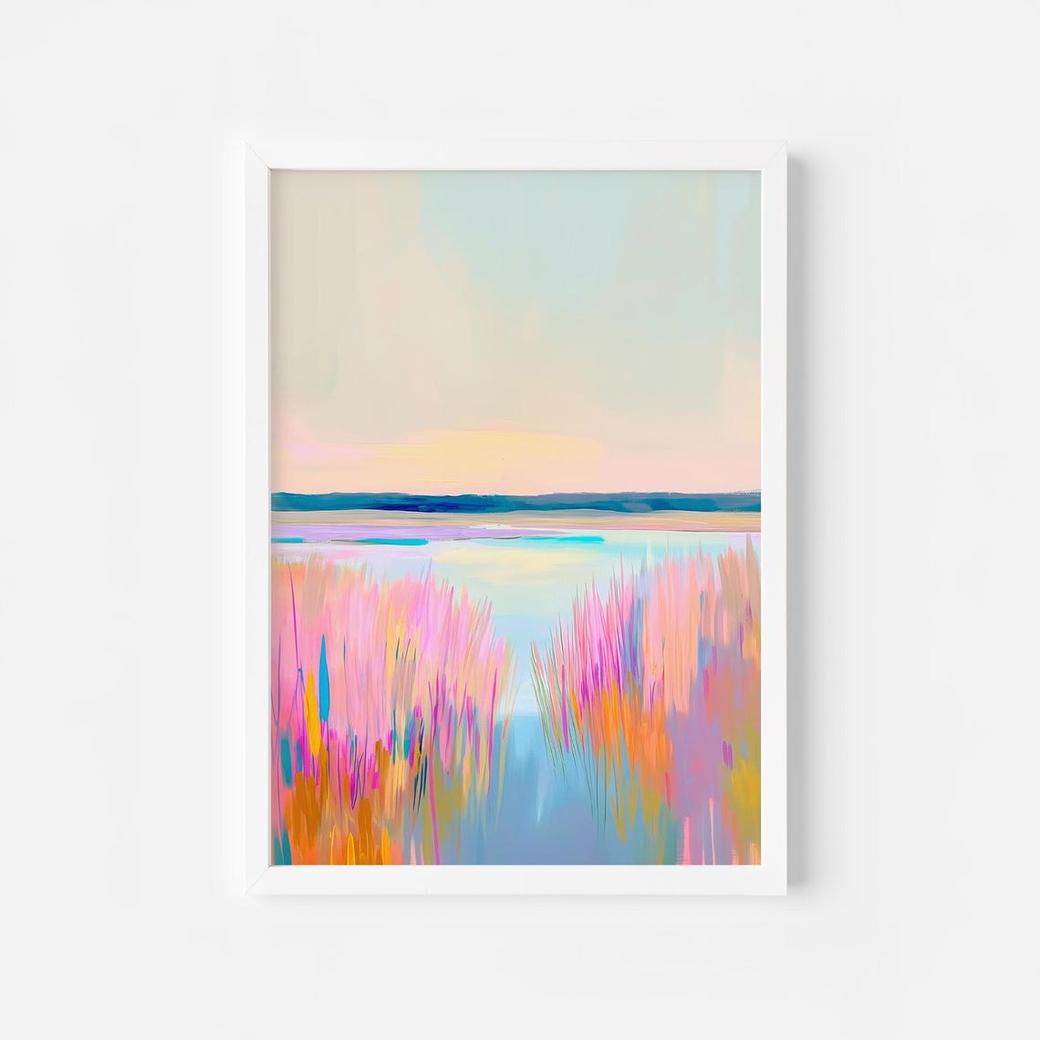Pink Grass Lakeshore at Sunset Pastel Abstract Nature Poster