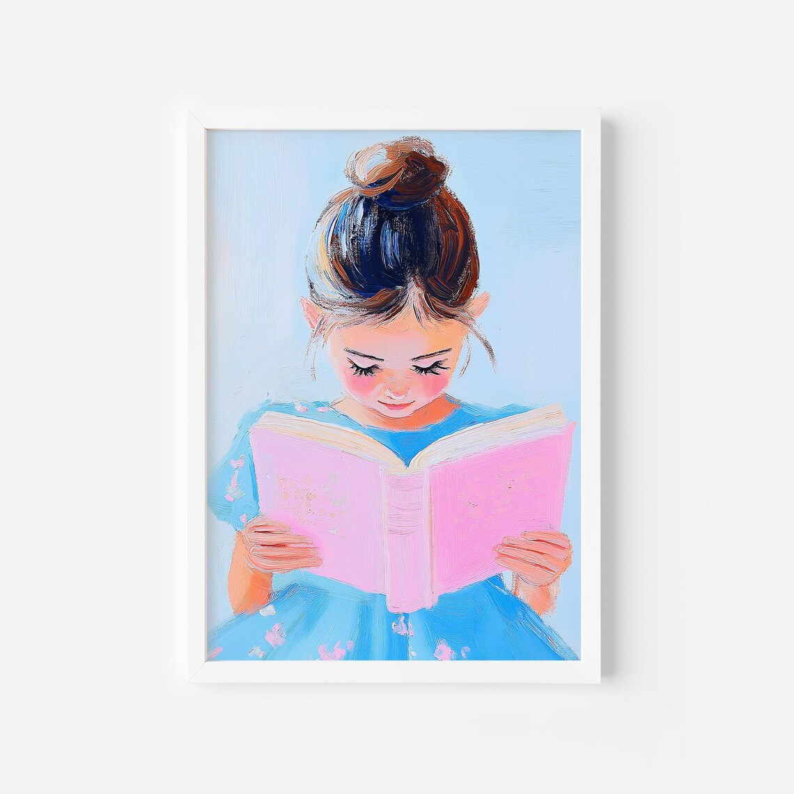 Girl in Floral Blue Dress Reading a Pink Book Nursery Decor Poster
