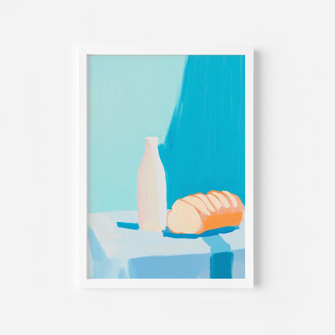 Milk Bottle and Bread Loaf Minimal Turquoise Kitchen Art Poster