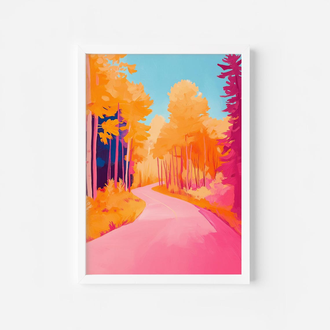 Pink Forest Road Through Orange Autumn Woods Fall Landscape Wall Art