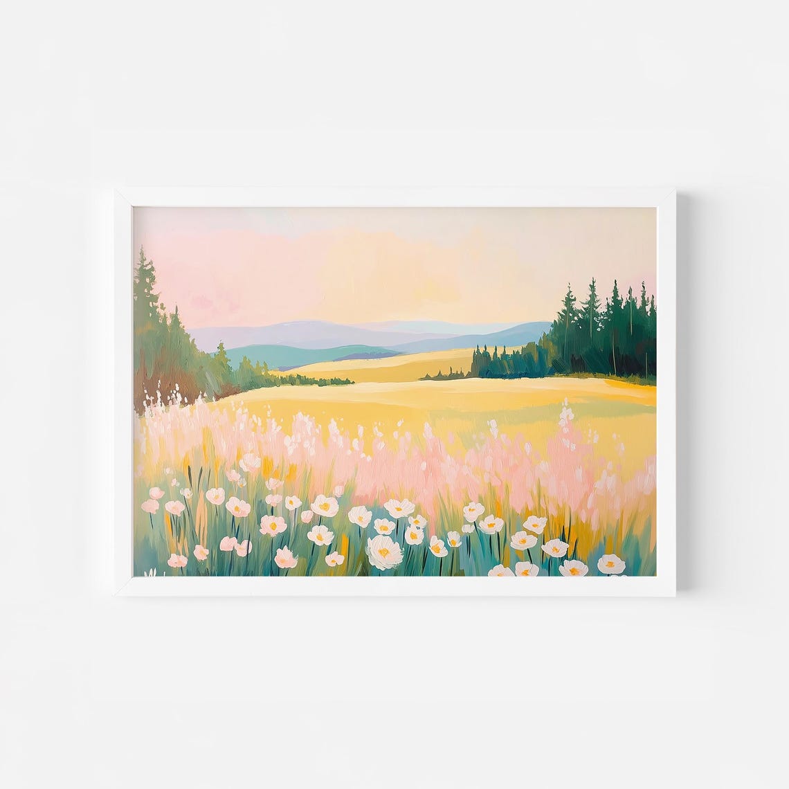 Sunny Wildflower Meadow with Daisies Colorful Landscape Art Poster