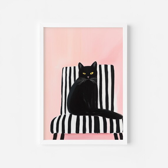 Black Cat Sitting on a Striped Chair Pink Modern Cat Lover Poster