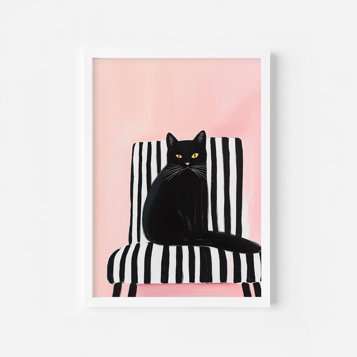 Black Cat Sitting on a Striped Chair Pink Modern Cat Lover Poster