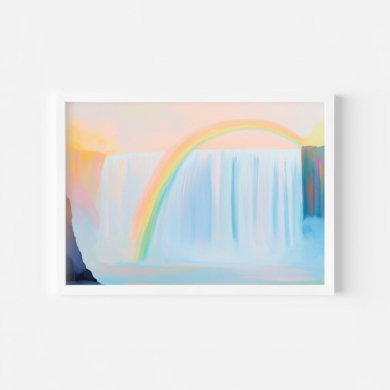 Waterfall And Rainbow Abstract Forest Print Spring Waterfall Landscape Colorful Waterfall Poster Lake House Decor