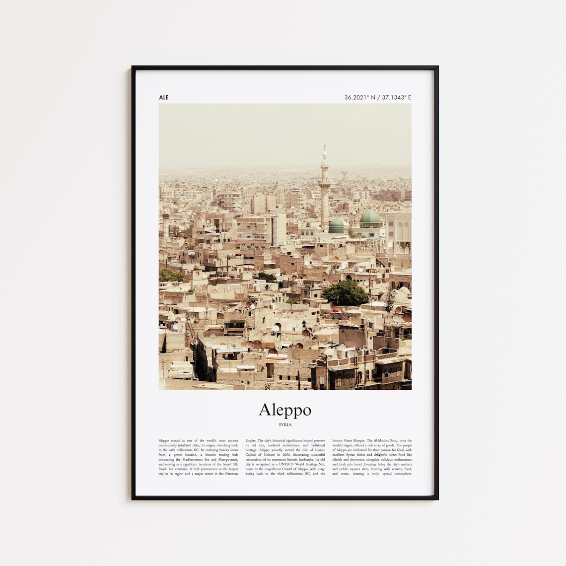 Aleppo Syria Old City Minaret Dome Skyline Photo Travel Poster