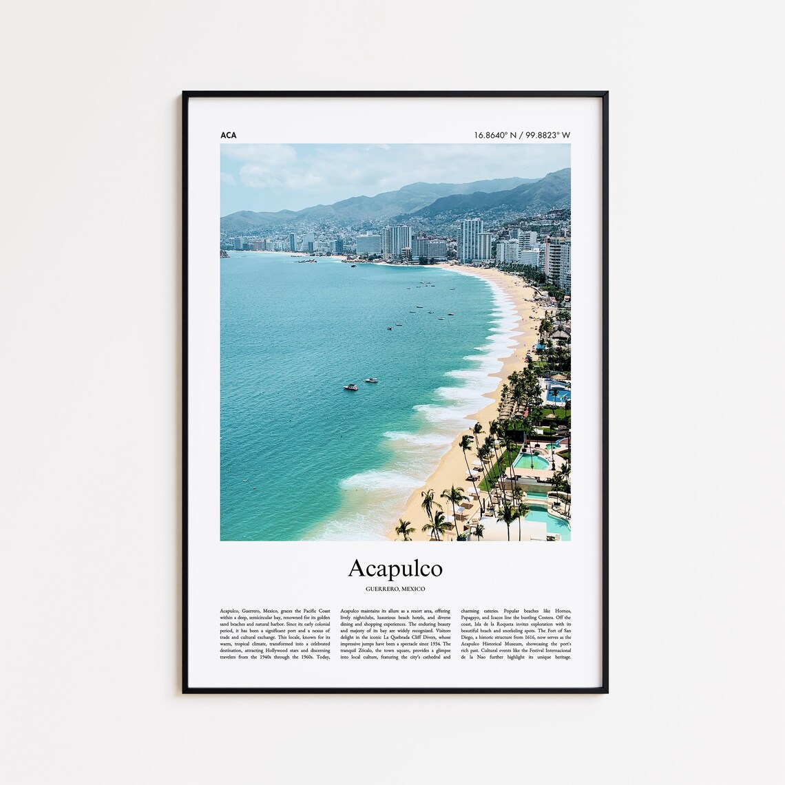 Acapulco Mexico Curved Bay Beach Aerial Turquoise Water Travel Poster
