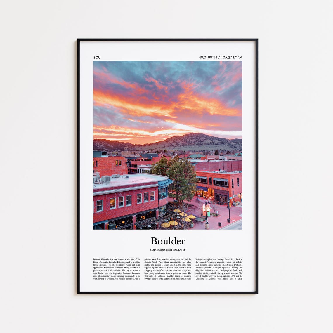 Boulder Colorado Downtown Sunset Over the Foothills Travel Poster