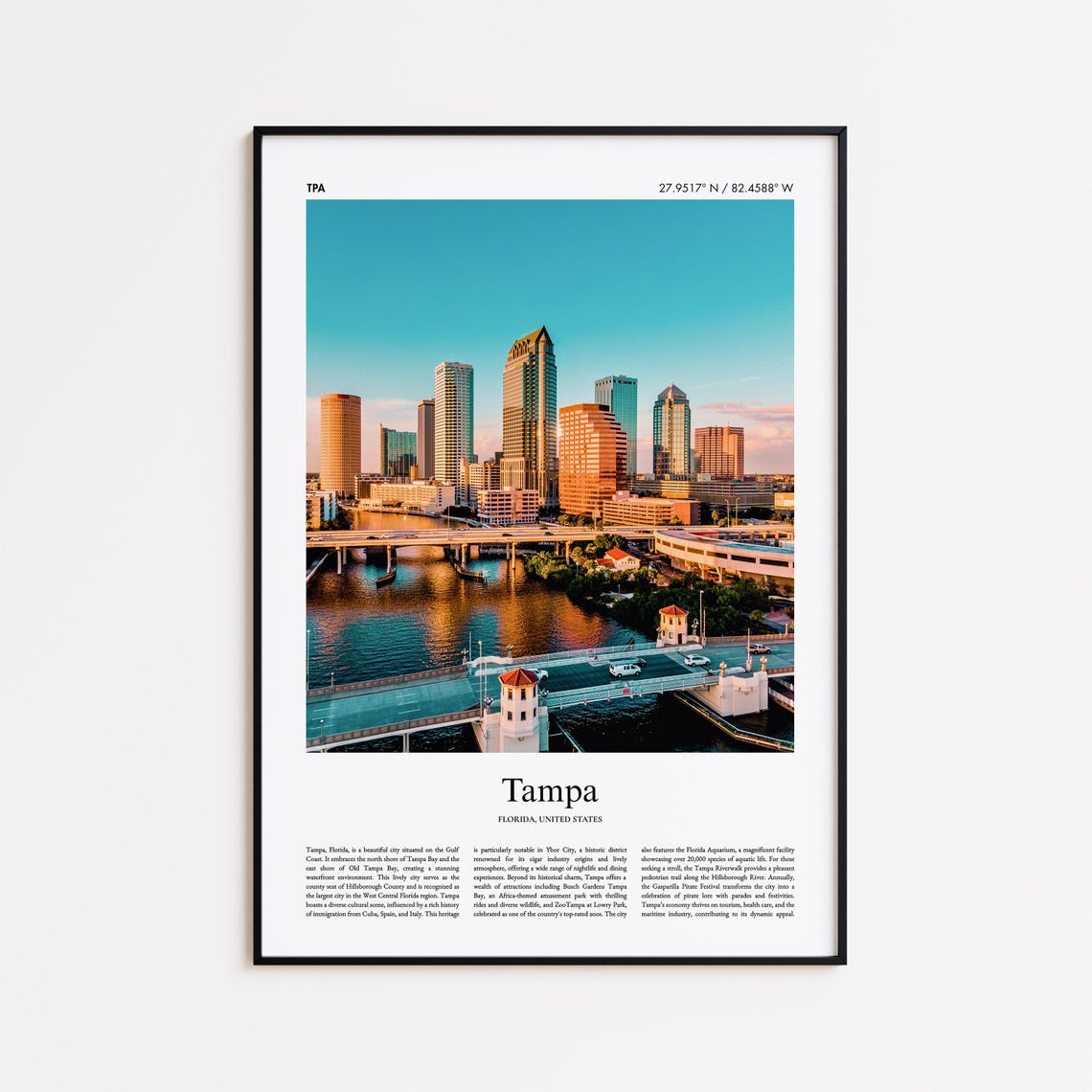 Tampa Color Print Real Photo Poster Travel Gift Florida United States Usa Minimal City
