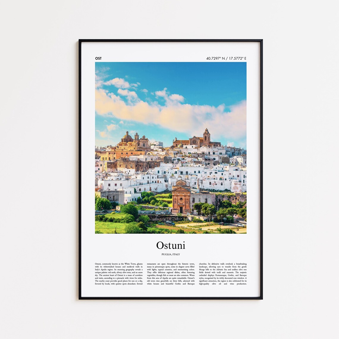 Ostuni Italy Puglia White Town Hill View Color Travel Photo Poster