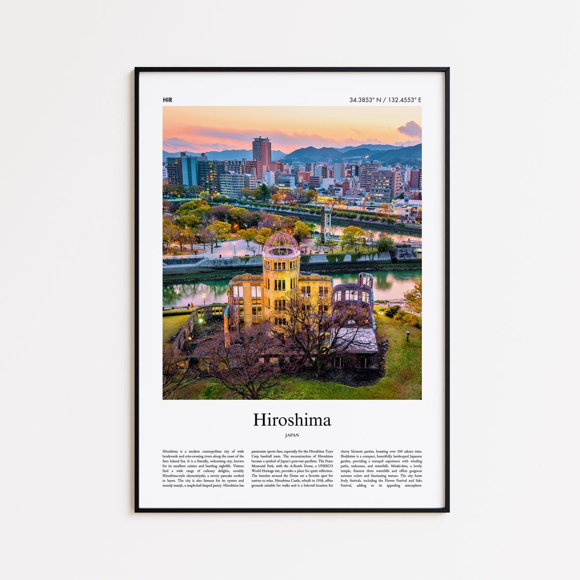 Hiroshima Japan Atomic Bomb Dome Sunset Minimalist Travel Photo Poster