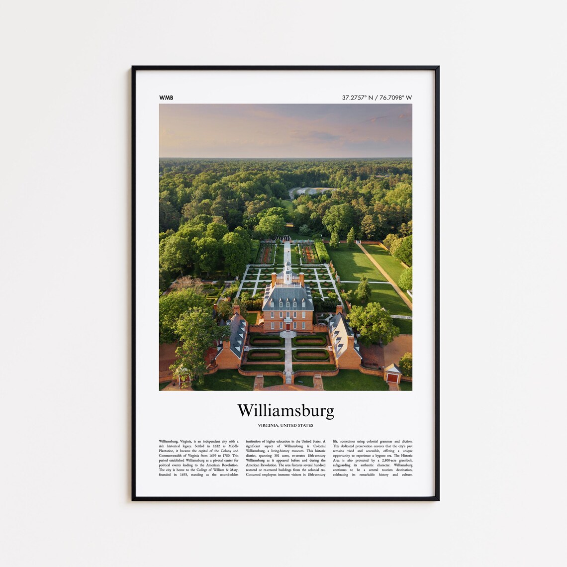 Williamsburg Virginia Colonial Palace Gardens Aerial Travel Poster