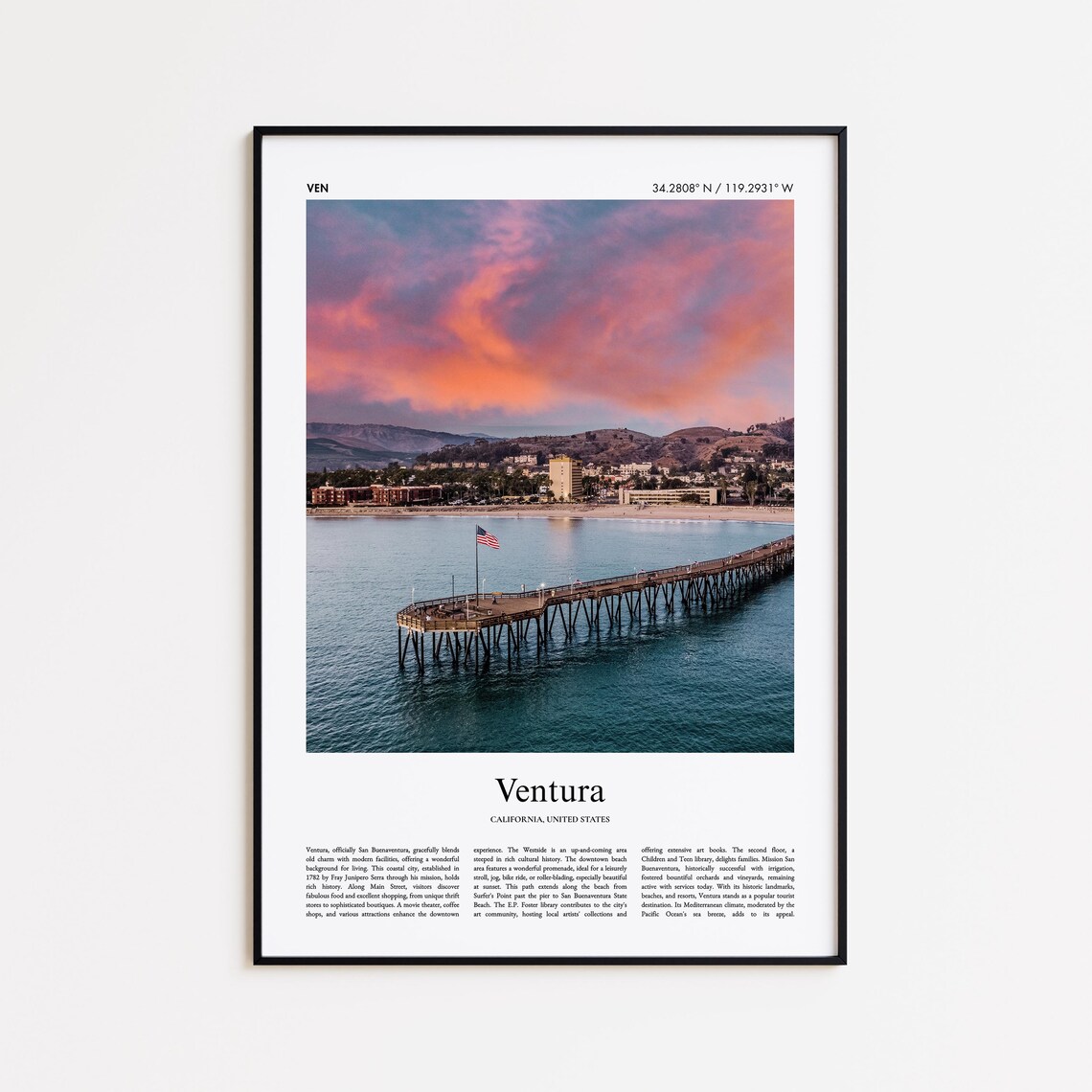 Ventura California Wooden Pier at Sunset Ocean View Travel Poster