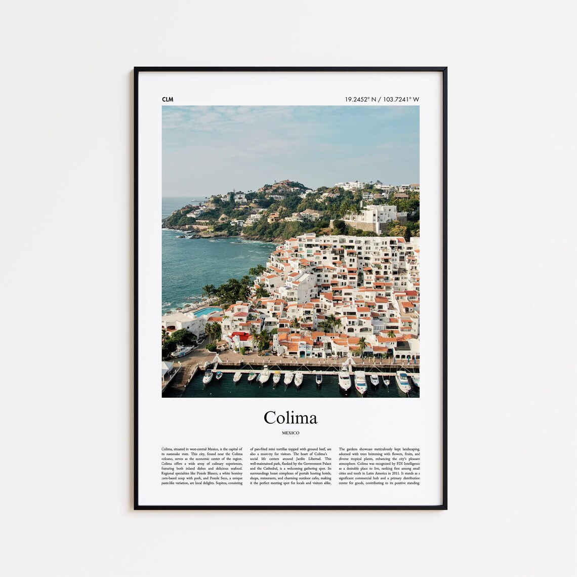 Colima Mexico Coastal Hillside Town and Marina Travel Poster