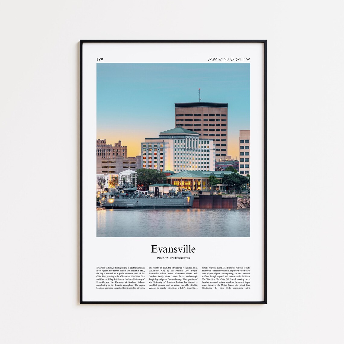 Evansville Indiana Riverfront Skyline Dusk Ohio River Photo Poster