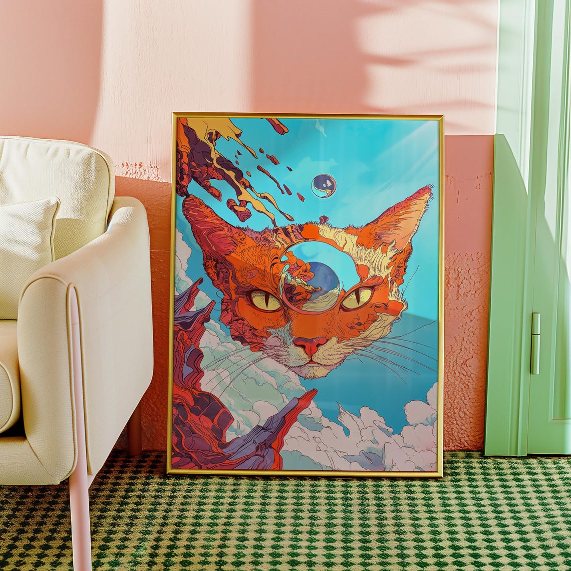 Psychedelic Orange Cat Cosmic Sky Surreal Dreamy Feline Art Poster - Image 2