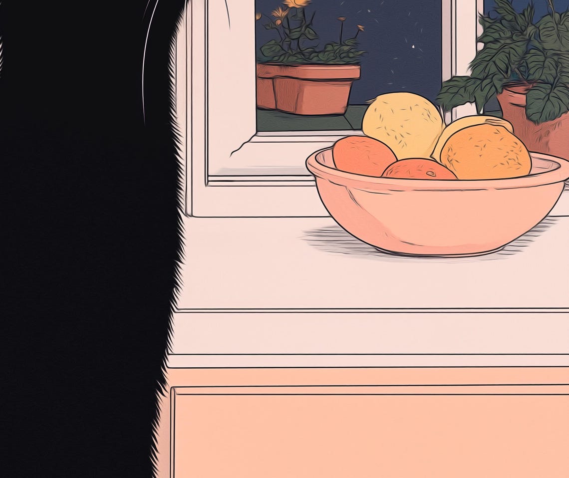 Black Cat Night Window Starry Kitchen Cozy Illustration Poster - Image 2