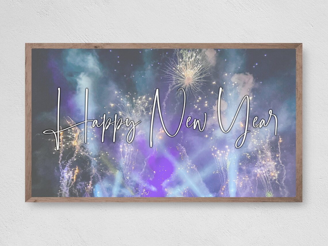 Happy New Year Fireworks Celebration Purple Night Sky Holiday Wall Art