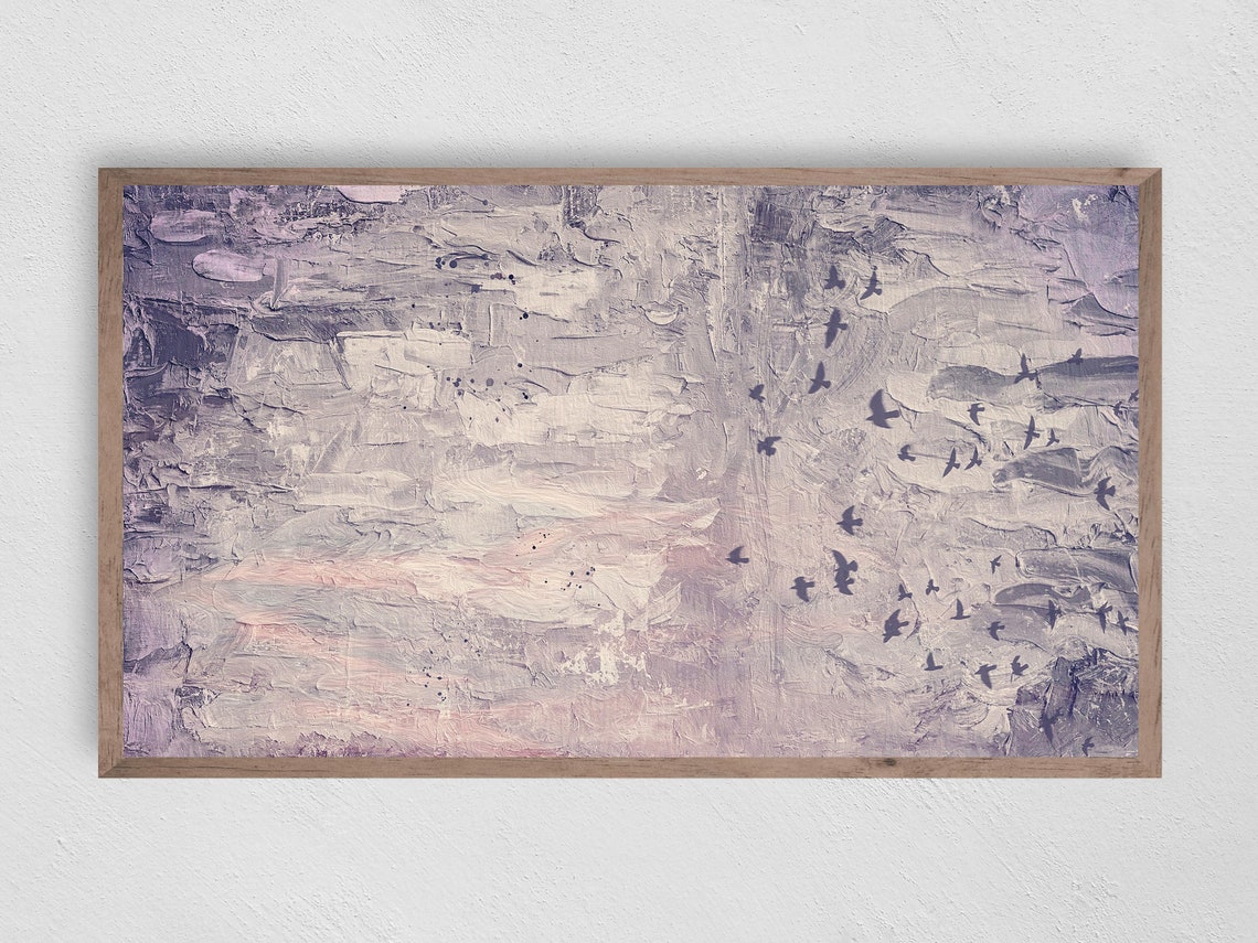 Flock Of Birds Flying Abstract Lilac Textured Sky Modern Wall Art