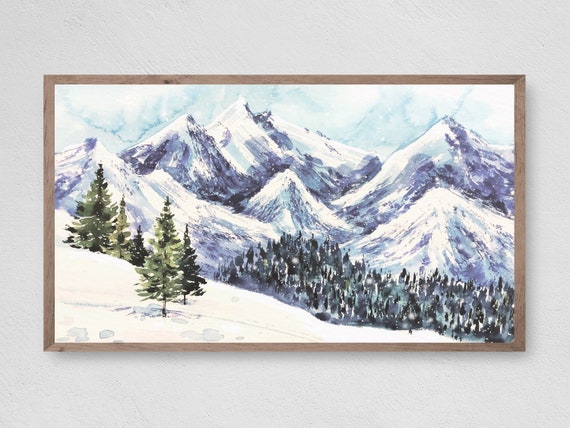 Winter Mountain Watercolor Art Print, Christmas Snow