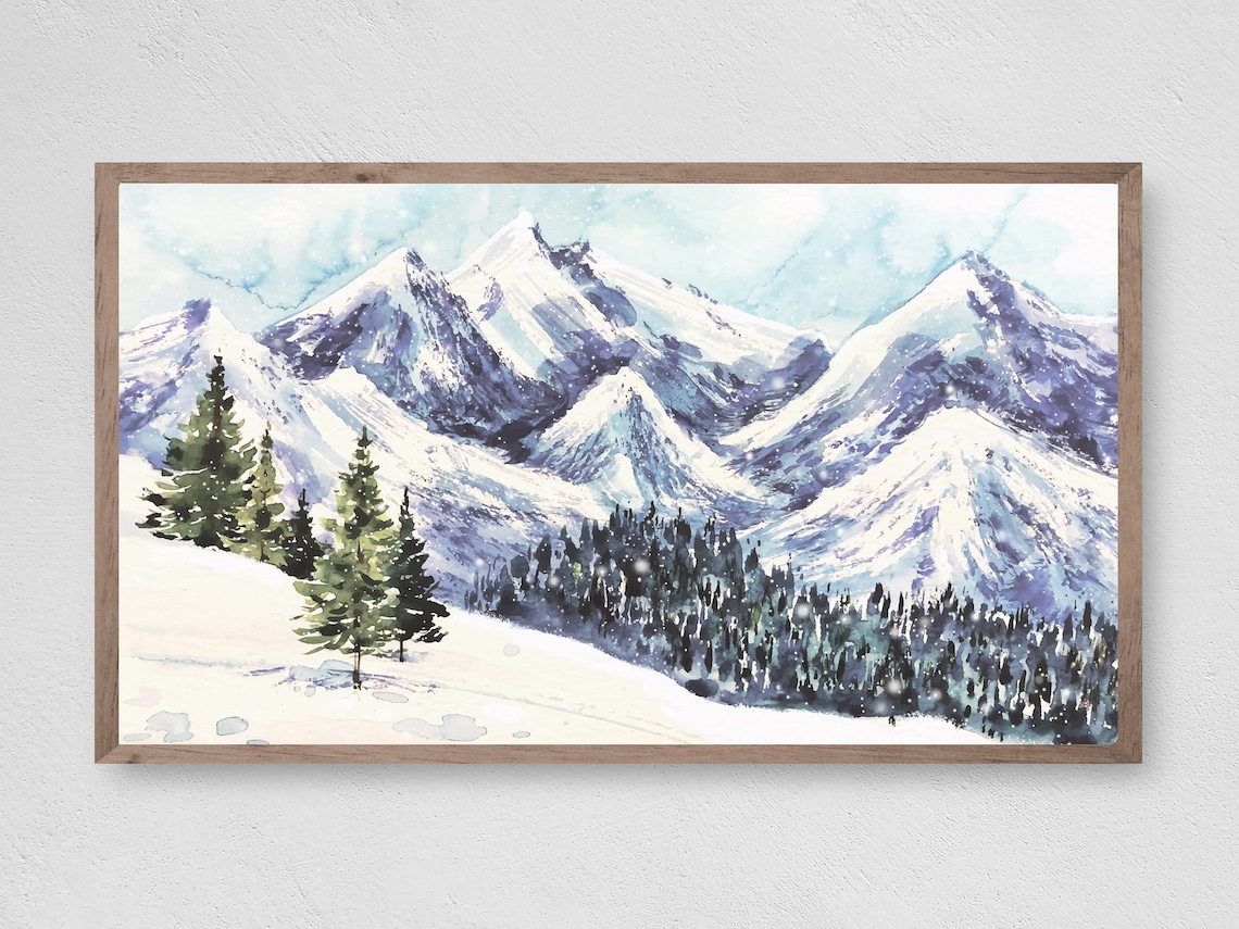 Winter Mountain Watercolor Art Print, Christmas Snow