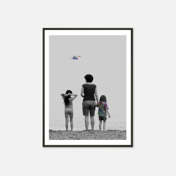 Artistic Black And White Photograph Minimalist Wall Decor Mother And Children Photography Print Lake View Picture Wall Art