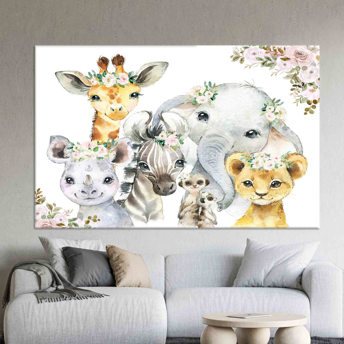 Baby Safari Animals with Flower Crowns Cute Nursery Wall Poster