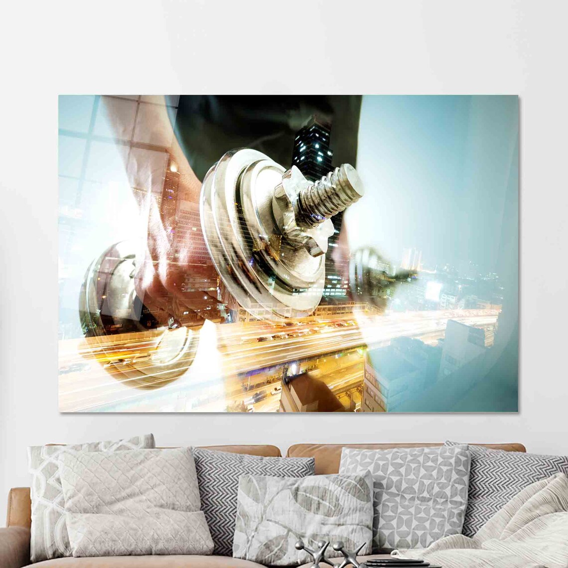 Dumbbell Grip Double Exposure City Fitness Motivation Gym Art Poster - Image 2