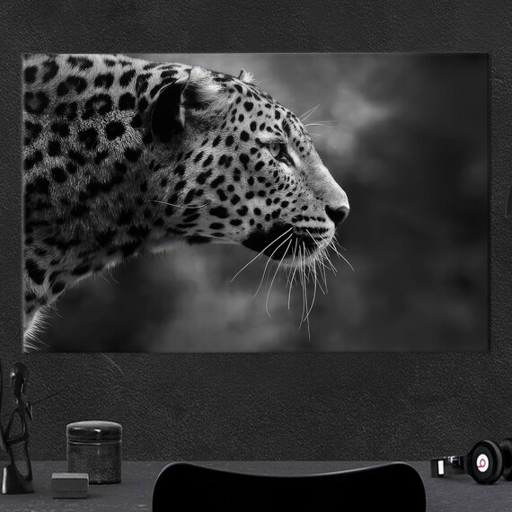 Black And White Leopard Side Profile Close Up Wildlife Poster