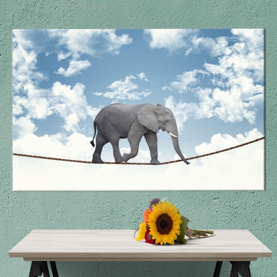 Elephant Walking A Tightrope In The Sky Surreal Animal Poster