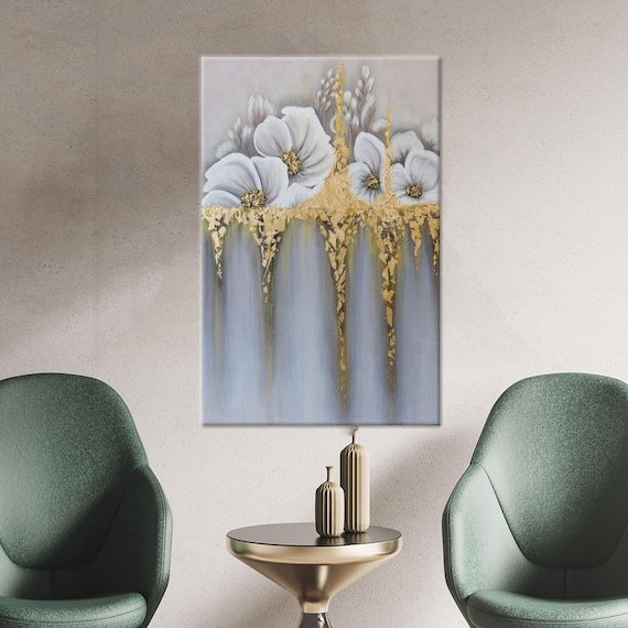 Luxury Wall Decor Large Glass Wall Art White Flower Painting Print Tempered Glass White Art Decor Botanical Wall Hanging Modern Art