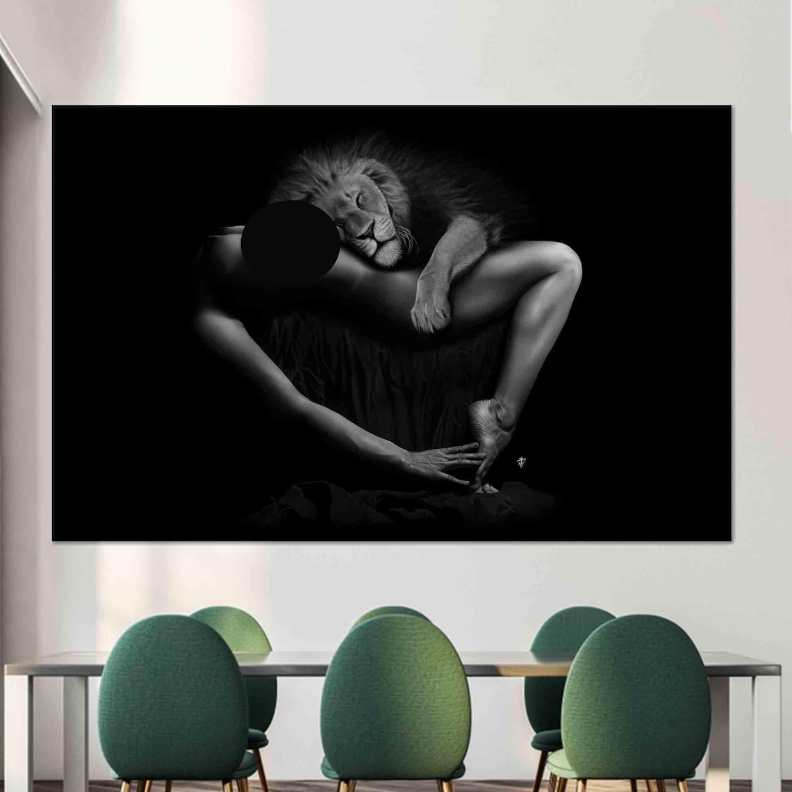 Woman And Lion Black And White Nude Art Print