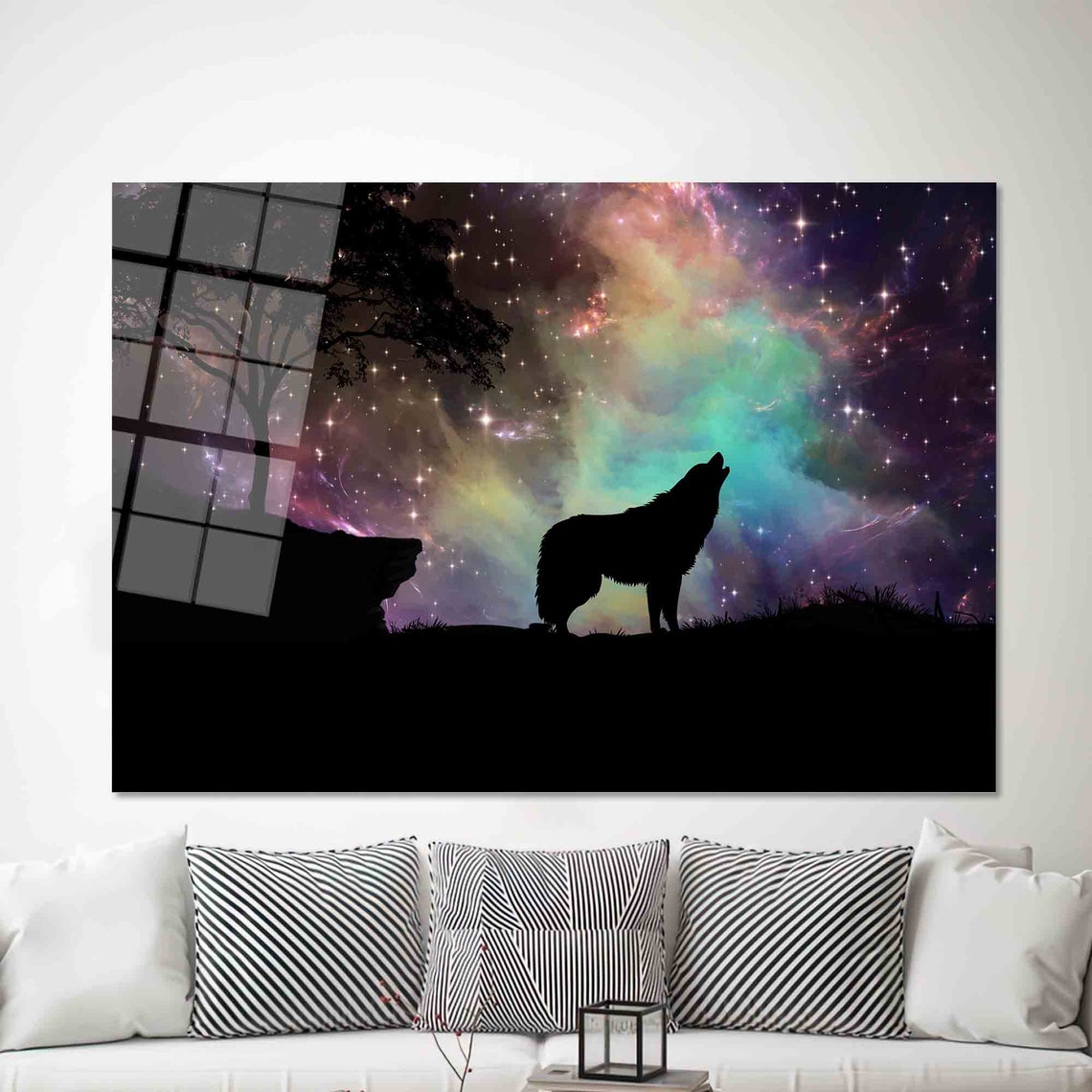 Howling Wolf Silhouette Colorful Starry Night Sky Galaxy Nature Poster - Image 2