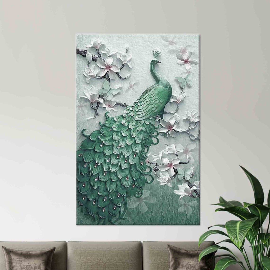 Green Peacock with White Blossoms 3D Relief Style Artwork Poster