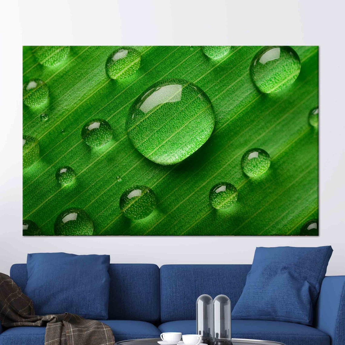 Water Droplets on Green Leaf Macro Nature Photography Poster