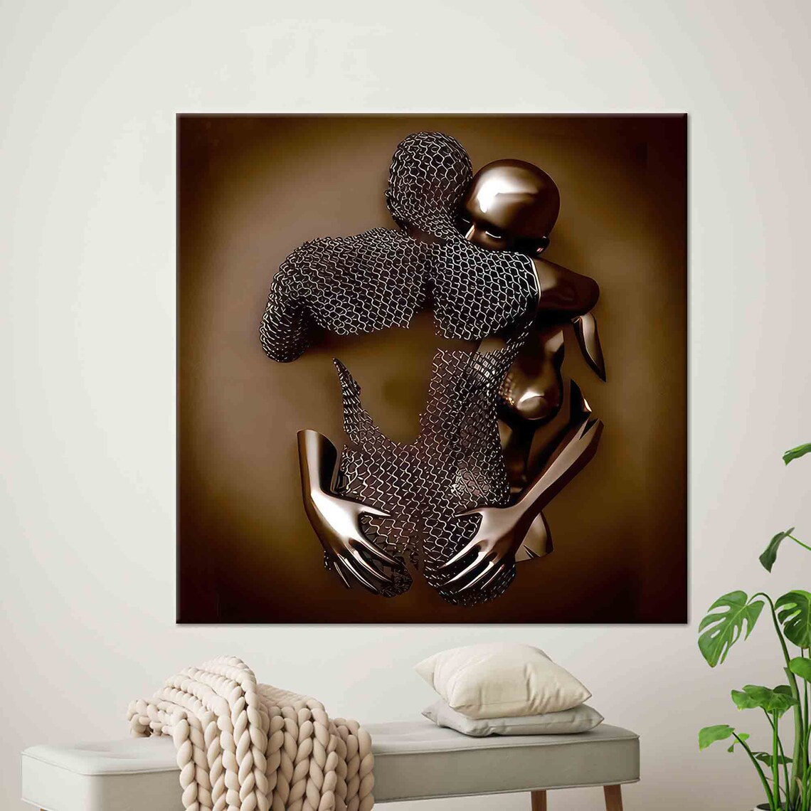 3D Silver Couple Hugging Art Print, Modern Artwork