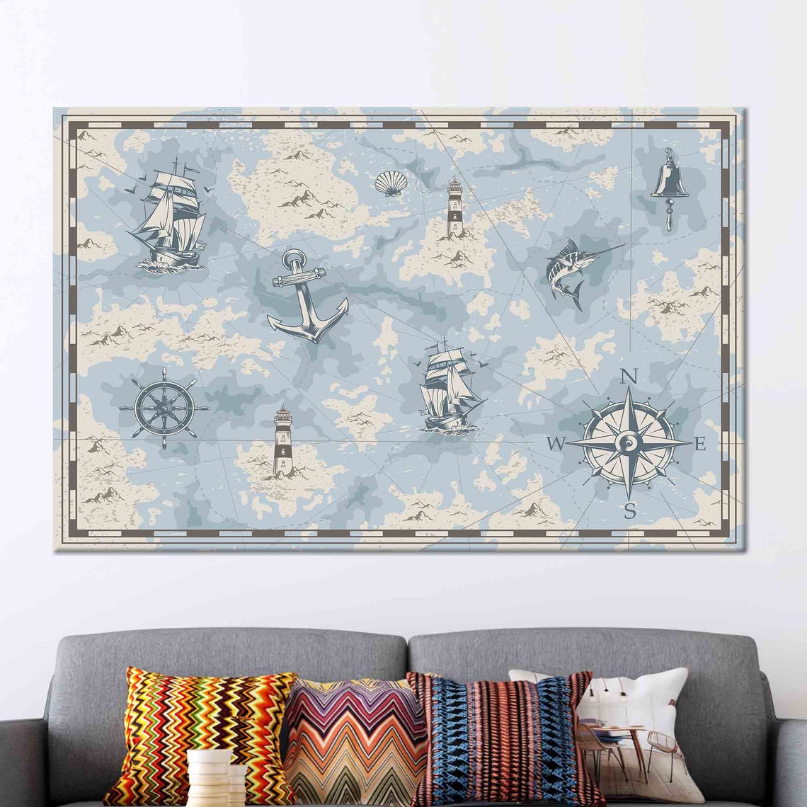 Vintage Nautical Sea Map with Anchor and Compass Detail Poster