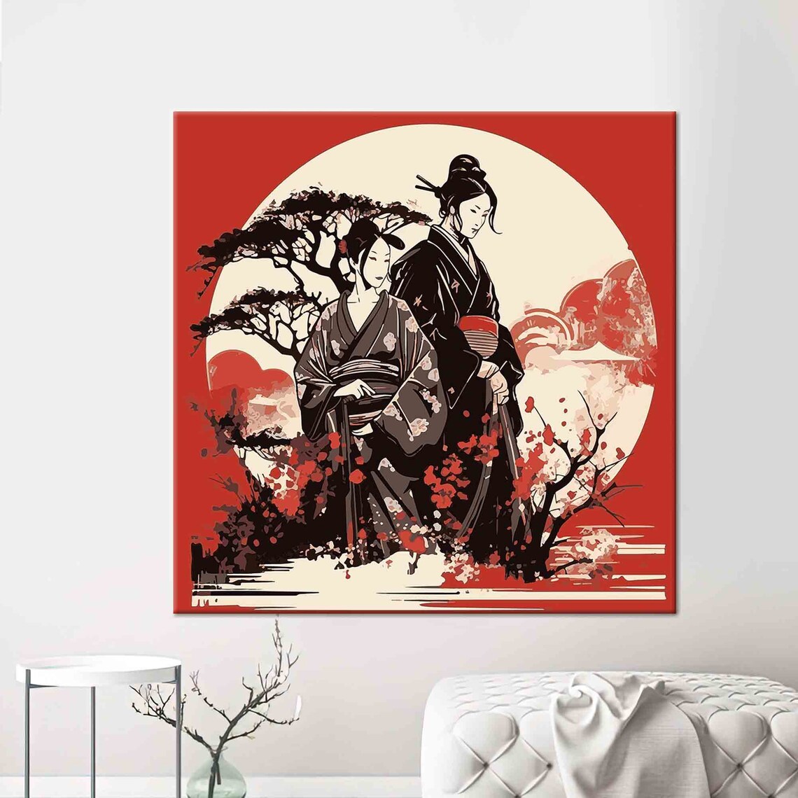 Geisha in Kimono Japanese Woodblock Style Red Art Wall Poster