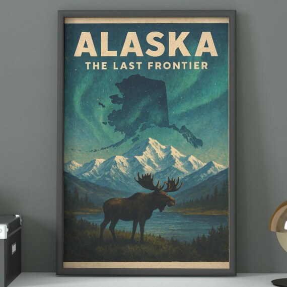Alaska The Last Frontier Vintage Travel Art Print Moose Northern Lights