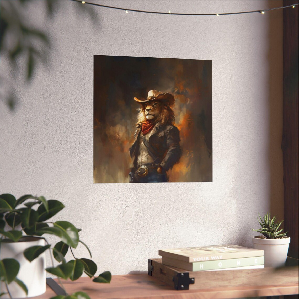 Lion Cowboy Hat Watercolor Portrait Amber Smoke Background Western Poster