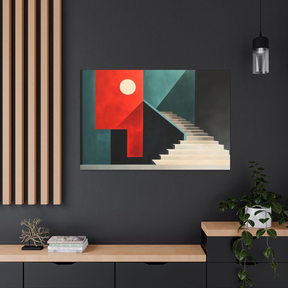 Bold Geometric Staircase Red Sun Teal Shadows Abstract Print - Image 2