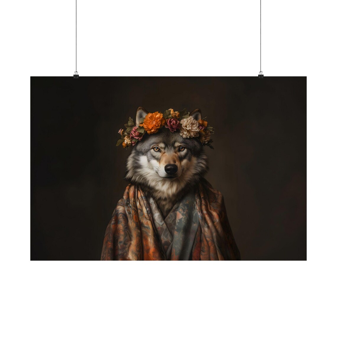 Wolf in Flower Crown and Floral Robe Elegant Maximalist Animal Fashion Poster - Image 3
