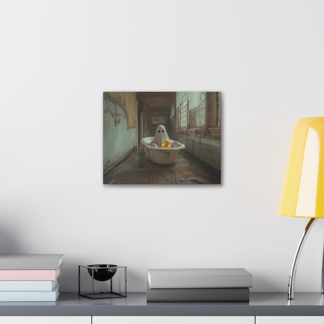 Cute Ghost In Bathtub With Rubber Duck Spooky Funny Wall Art - Image 2