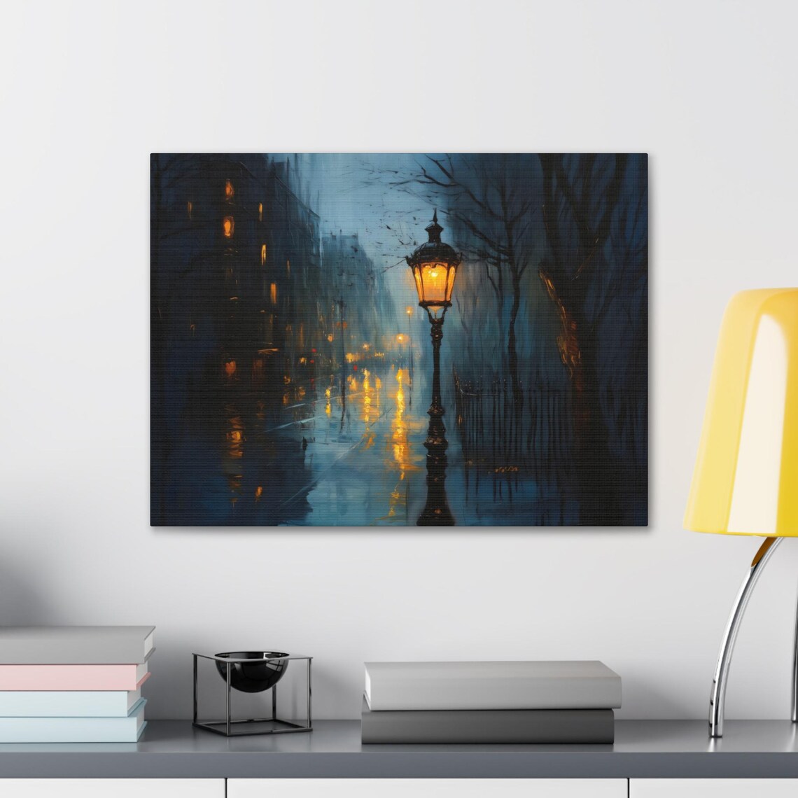 Glowing Vintage Street Lamp On Rainy City Street At Night Poster - Image 2