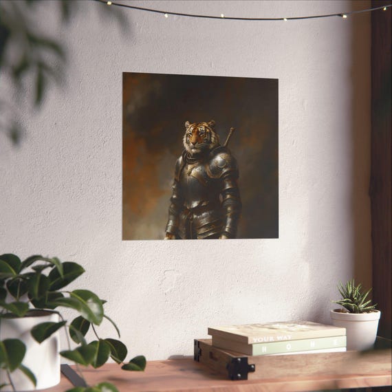 Maximalist Eclectic Medieval Tiger Knight Poster Print Bold Altered Animal Portrait Fantasy Fun Colorful Renaissance Rustic Vintage Art